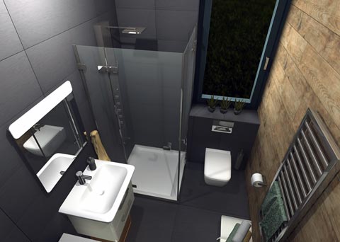 Kicsi fürdőszoba, melyben a sötét színek dominálnak