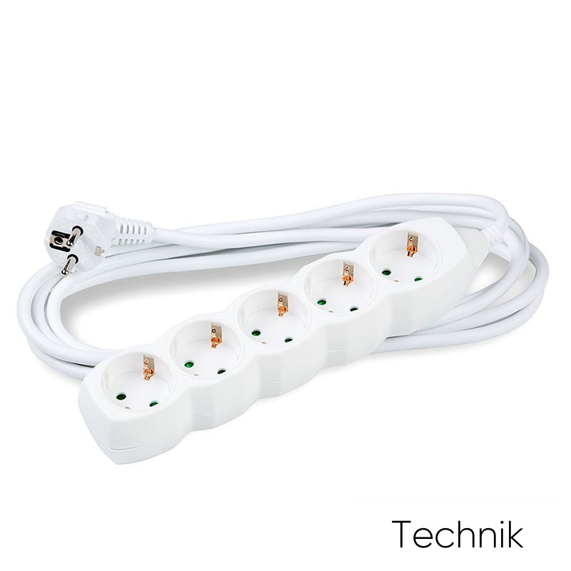 Technik elosztó 5 utas 3m kábellel 1.5mm2 rézkábel (fehér) 16A
