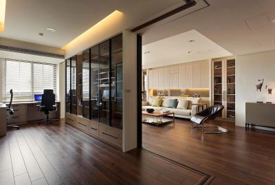 Dolgozószoba elválasztva a nappalitól - nappali ötlet, modern stílusban