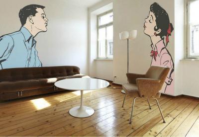 Egy szerelmes pár a nappali falán pop art stílusban - nappali ötlet, modern stílusban