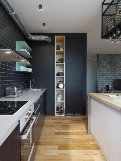 fekete konyha,fehér konyhasziget - konyha / étkező ötlet, modern stílusban