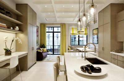 Elegáns konyha-nappali - konyha / étkező ötlet, modern stílusban