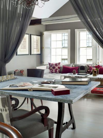 Szürke függöny térelválasztó - nappali ötlet, modern stílusban