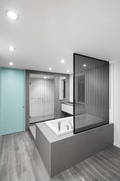 Modern szürke fürdőszoba kék ajtóval - fürdő / WC ötlet, modern stílusban