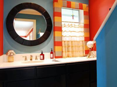 Vidám színű fürdő - fürdő / WC ötlet, modern stílusban