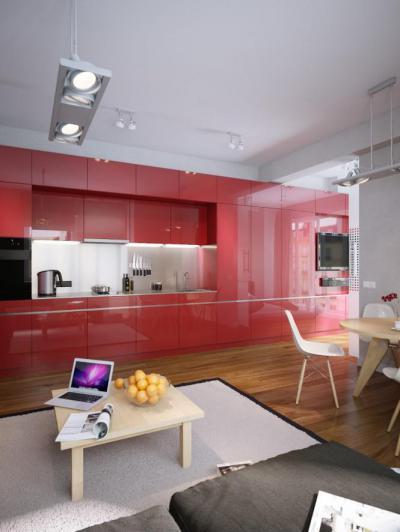 Magasfényű piros konyhabútor - konyha / étkező ötlet, modern stílusban