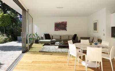 Teraszra nyitott nappali - nappali ötlet, modern stílusban