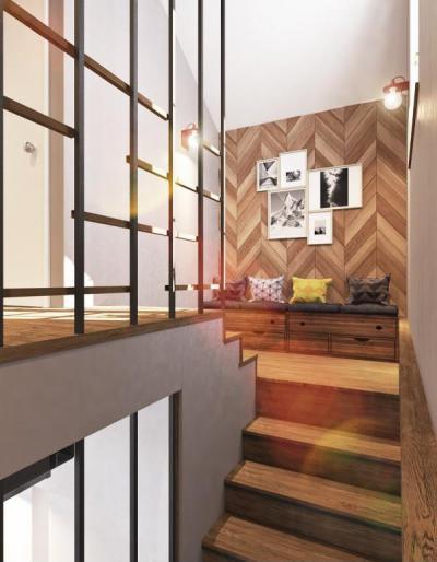 Fával borított lépcsőfeljáró - belső továbbiak ötlet, modern stílusban