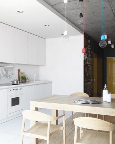 Fehér konyha a loftban - konyha / étkező ötlet, modern stílusban