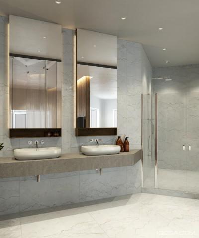 Fehér márvány fürdőszoba - fürdő / WC ötlet, modern stílusban