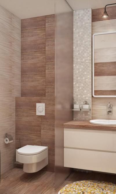 Fa mintázatú csempe szép mozaikkal - fürdő / WC ötlet, modern stílusban
