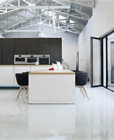 Tágas fekete-fehér konyha - konyha / étkező ötlet, modern stílusban