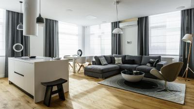 Egyterű nappali - konyha / étkező ötlet, modern stílusban