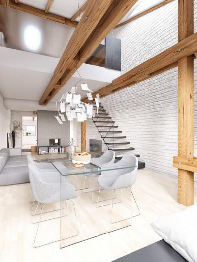 Tetőgerenda és téglafal - konyha / étkező ötlet, modern stílusban