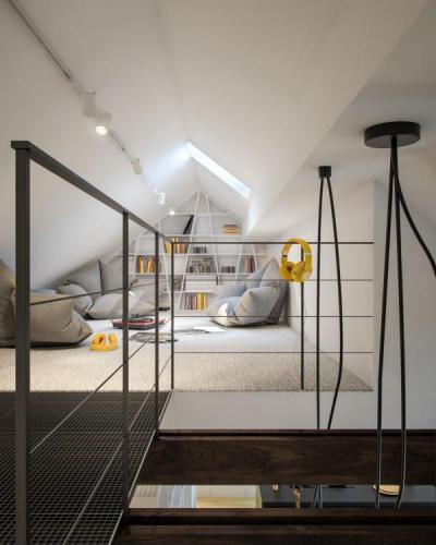 Tetőtéri pihenősarok - tetőtér ötlet, modern stílusban