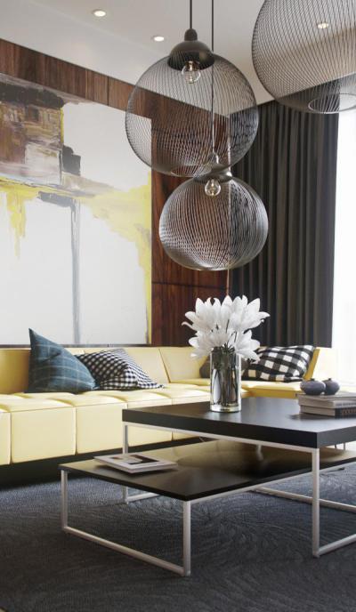 A szürke és a sárga meleg árnyalatai - nappali ötlet, modern stílusban