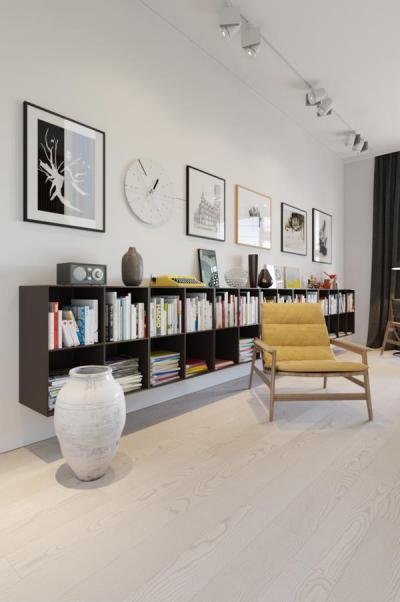 Falra szerelt könyvespolc - nappali ötlet, modern stílusban