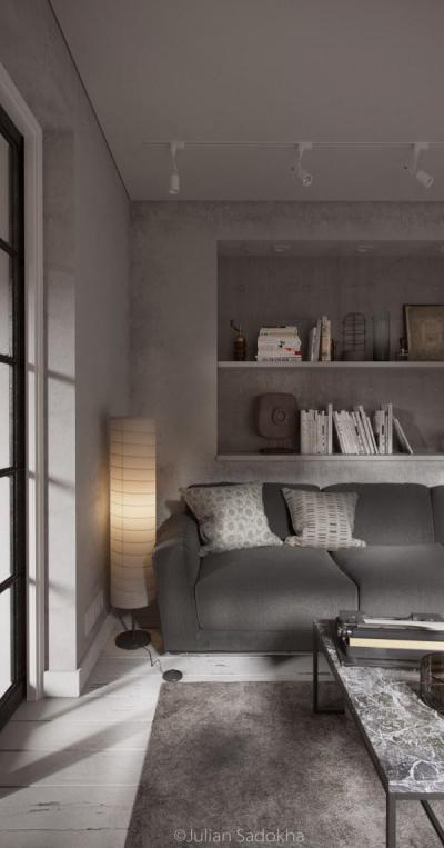 Szürke világos árnyalatai - nappali ötlet, modern stílusban