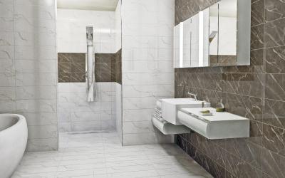 Márványmintás fürdőszoba burkolat - fürdő / WC ötlet, modern stílusban