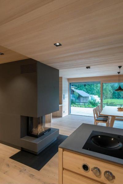 Fával burkolt belső tér modern kandallóval - belső továbbiak ötlet, modern stílusban