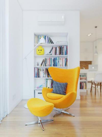 Olvasósarok sárga fotellal - nappali ötlet, modern stílusban