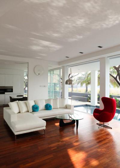 Teraszra nyitott nappali - nappali ötlet, modern stílusban