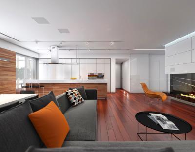 Nappali konyhával és kandallóval - konyha / étkező ötlet, modern stílusban