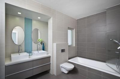 Szürke fürdőszoba - fürdő / WC ötlet, modern stílusban