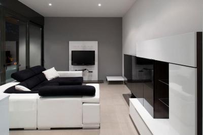 Fekete fehér szürkével - nappali ötlet, modern stílusban