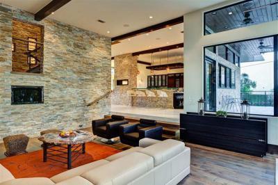 Kővel burkolt nappali - nappali ötlet, modern stílusban