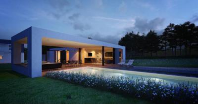 Modern lakóház medencével - homlokzat ötlet, modern stílusban