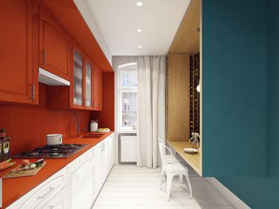 Narancs és kék konyha - konyha / étkező ötlet, modern stílusban