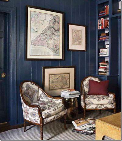 Kék könyvtárszoba részlet - nappali ötlet, modern stílusban