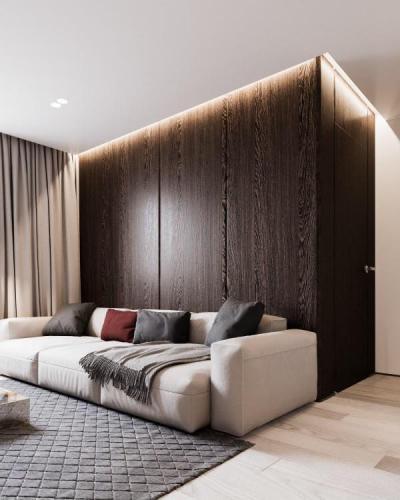 Nappali részlet fa falburkolattal - nappali ötlet, modern stílusban