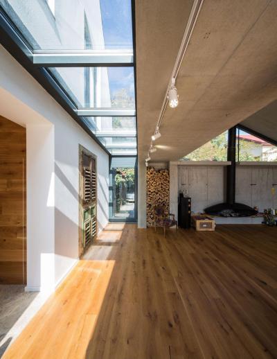 Üveg és beton - nappali ötlet, modern stílusban