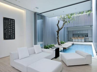 Nappali medencés terasszal - nappali ötlet, modern stílusban