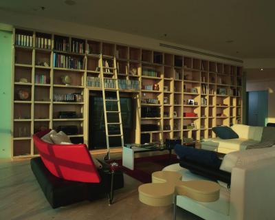 Könyvek faltól-falig - nappali ötlet, modern stílusban