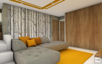 Nappali szürkével és sárgával - nappali ötlet, modern stílusban