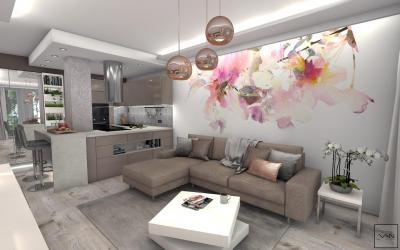 Konyha és nappali egy térben - nappali ötlet, modern stílusban