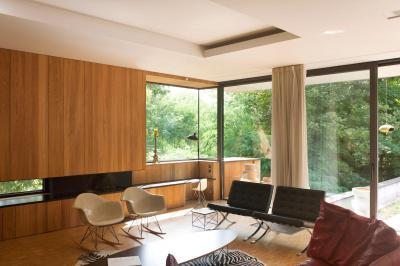 Faburkolat és üvegfal a nappaliban - nappali ötlet, modern stílusban