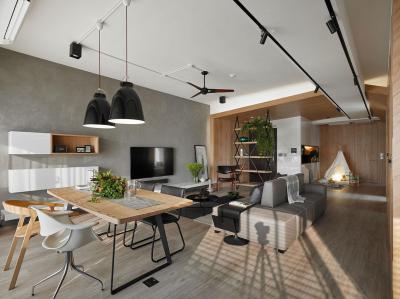 Egyterű, nyitott lakás hangulatos burkolattal - nappali ötlet, modern stílusban