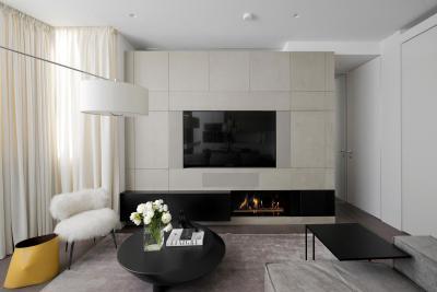 Fekete fehér nappali kandallóval - nappali ötlet, modern stílusban
