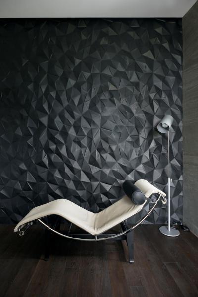 Pihenősarok 3D falburkolattal - nappali ötlet, modern stílusban