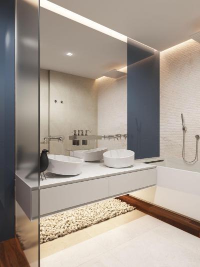 Kavicsburkolat és fa a fürdőben - fürdő / WC ötlet, modern stílusban