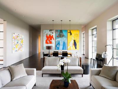 Monokróm nappali festményekkel - nappali ötlet, modern stílusban