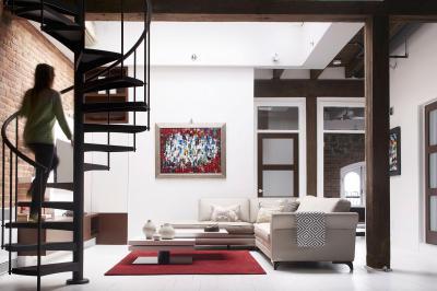 Csigalépcső a nappaliban - nappali ötlet, modern stílusban