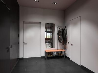 Fehér falak és fekete padló az előszobában - előszoba ötlet, modern stílusban