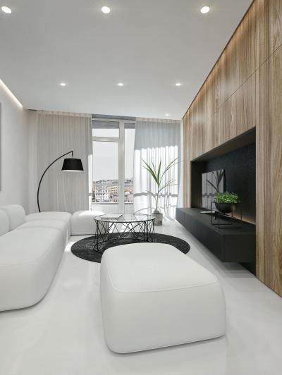 Fehér nappali fekete kiegészítőkkel - nappali ötlet, modern stílusban