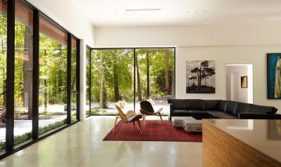 Tágas nappali üvegfalakkal - nappali ötlet, modern stílusban