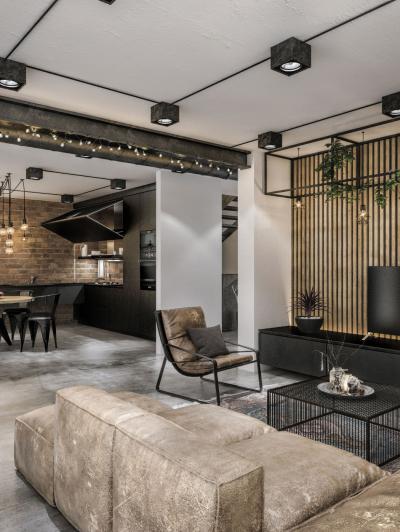 Loft jellegű belső tér - nappali ötlet, modern stílusban